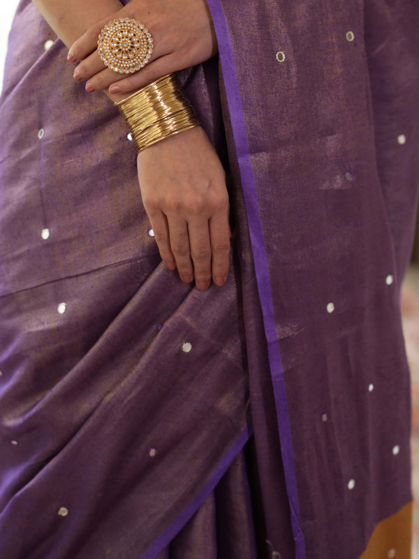 Banarasee Handloom Linen Saree With Mirror Work-Violet