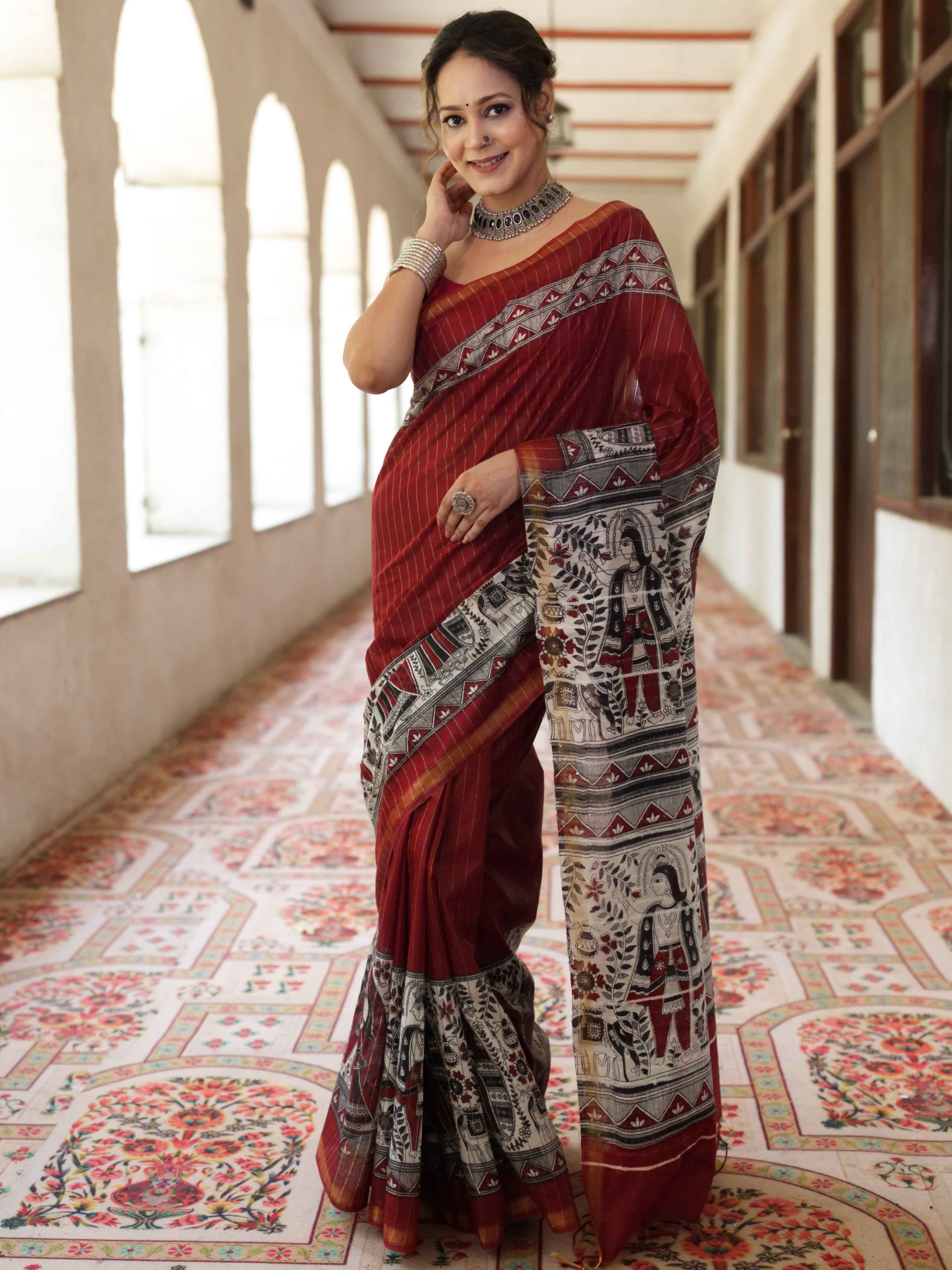 Bhagalpur Cotton Silk Ghichha Work Saree With Madhubani Print-Maroon & White