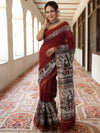 Bhagalpur Cotton Silk Ghichha Work Saree With Madhubani Print-Maroon & White