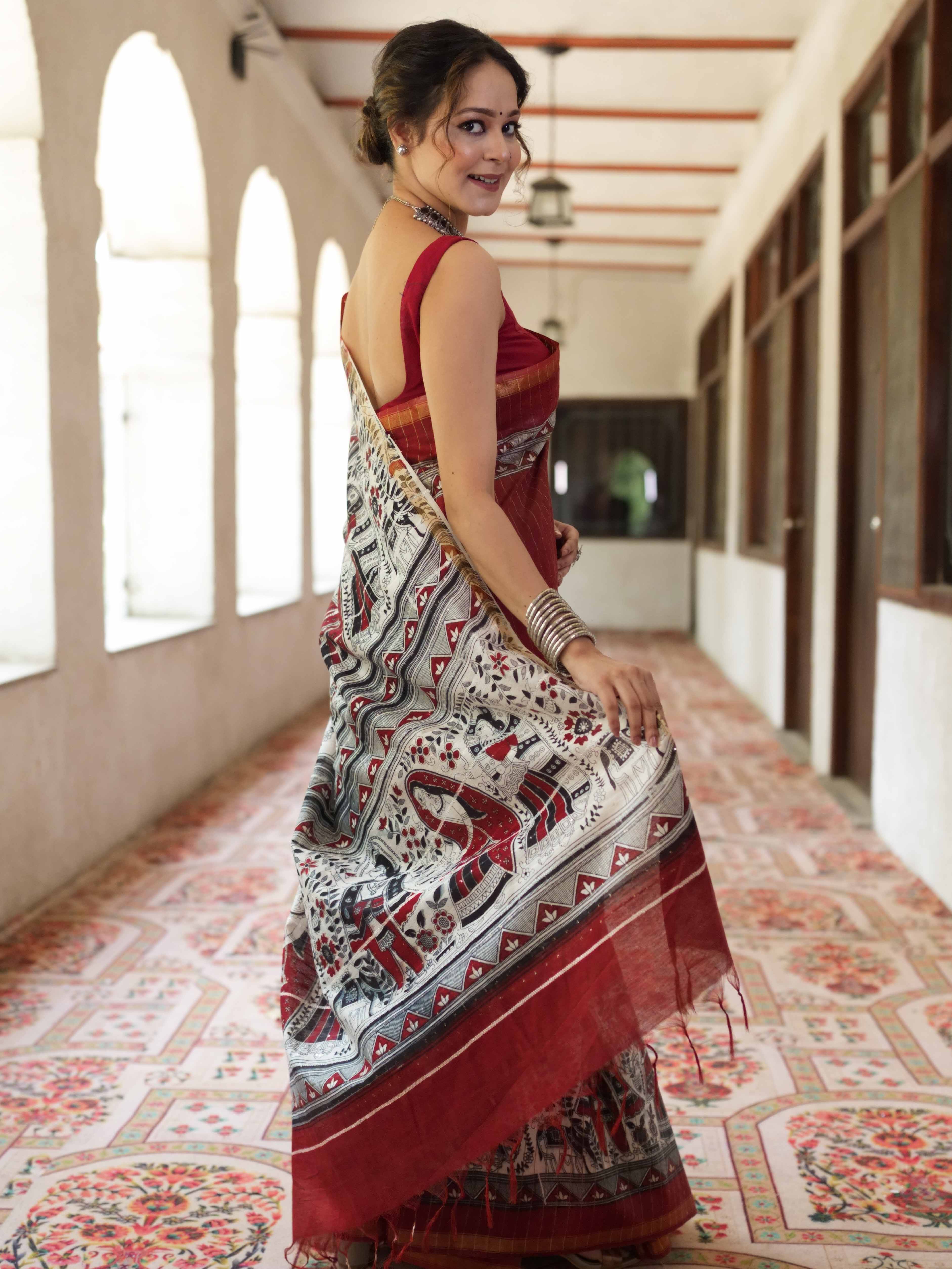 Bhagalpur Cotton Silk Ghichha Work Saree With Madhubani Print-Maroon & White