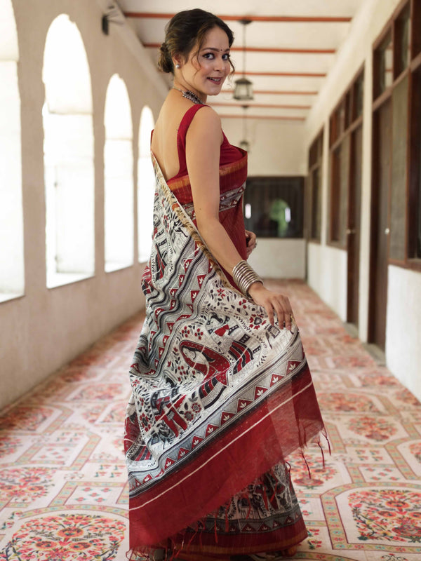 Bhagalpur Cotton Silk Ghichha Work Saree With Madhubani Print-Maroon & White