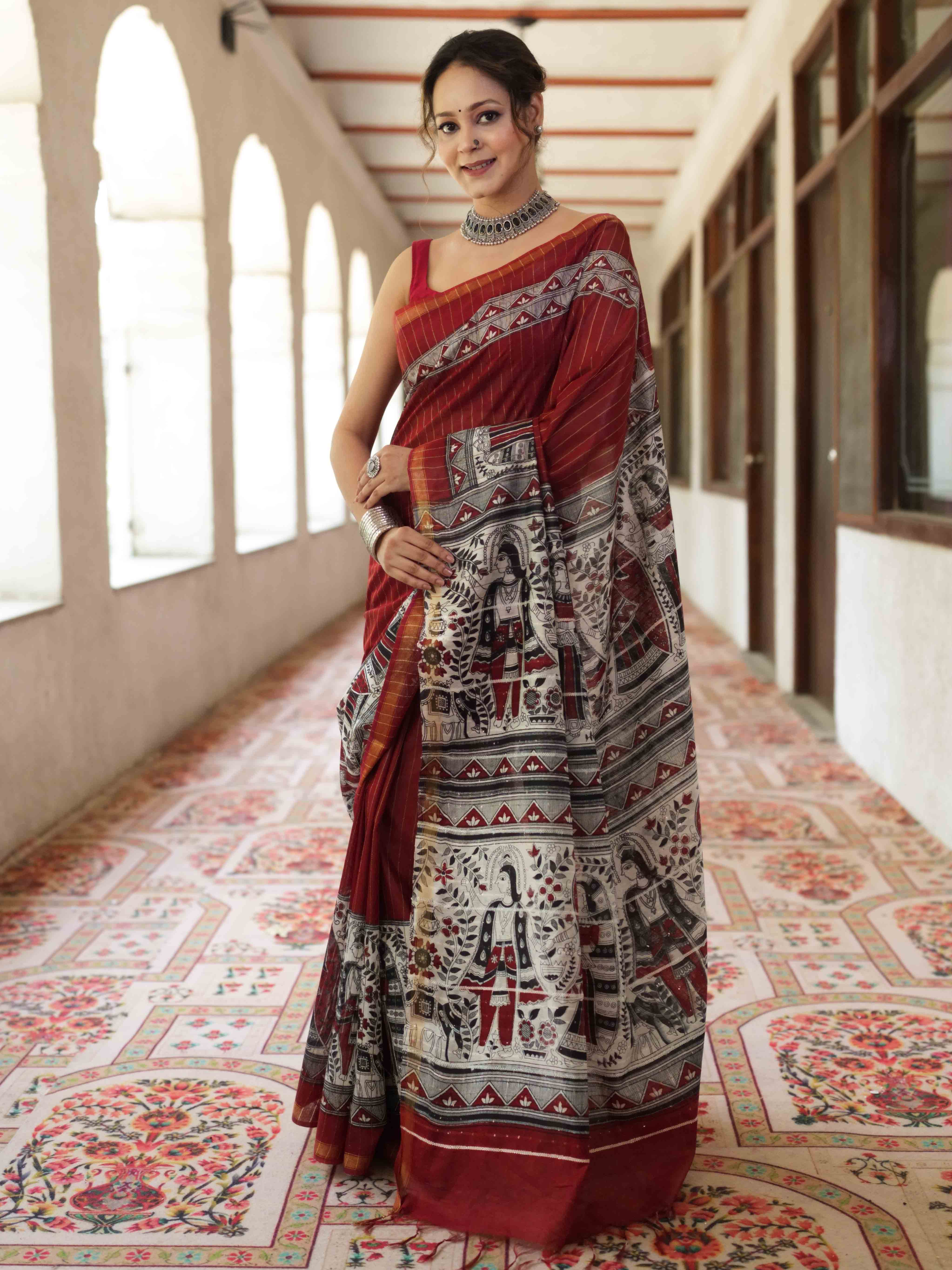 Bhagalpur Cotton Silk Ghichha Work Saree With Madhubani Print-Maroon & White