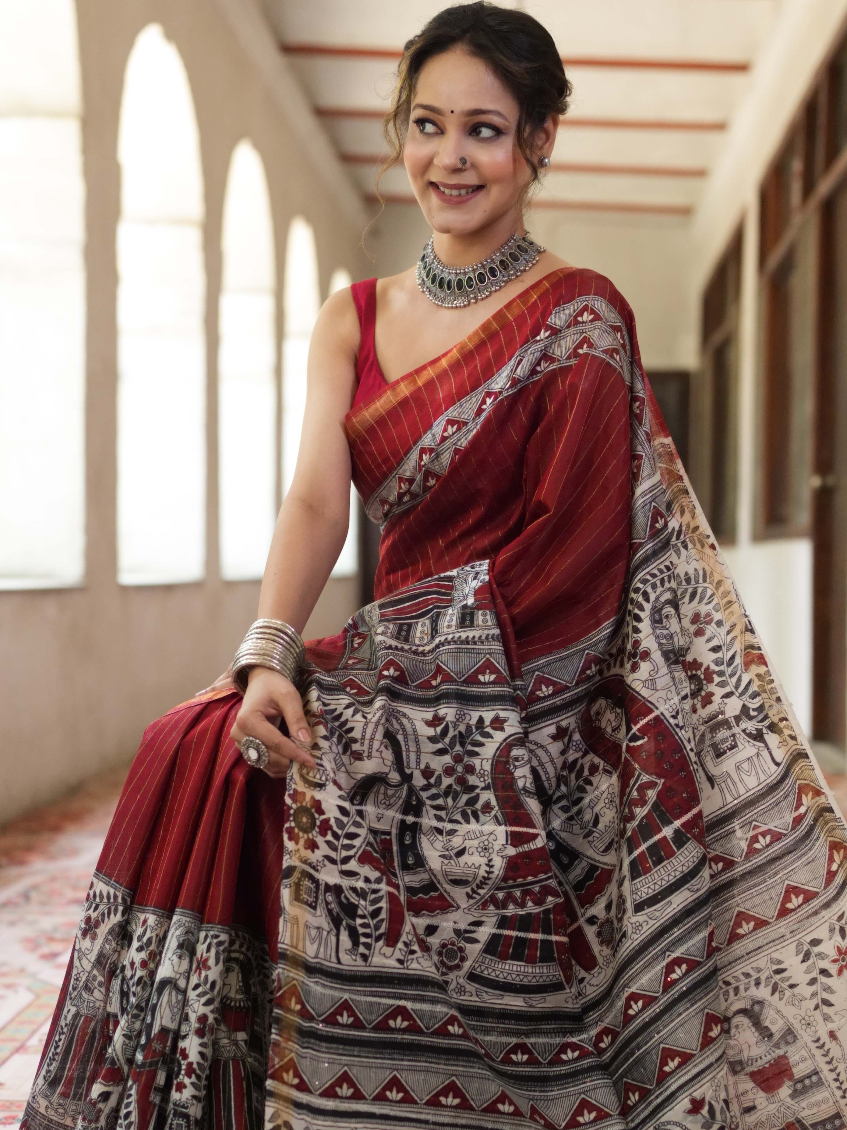 Bhagalpur Cotton Silk Ghichha Work Saree With Madhubani Print-Maroon & White
