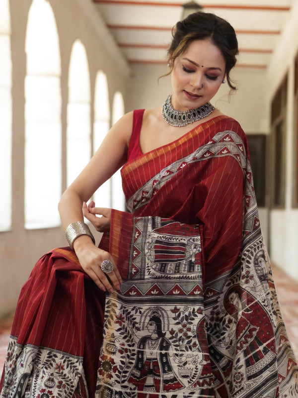 Bhagalpur Cotton Silk Ghichha Work Saree With Madhubani Print-Maroon & White
