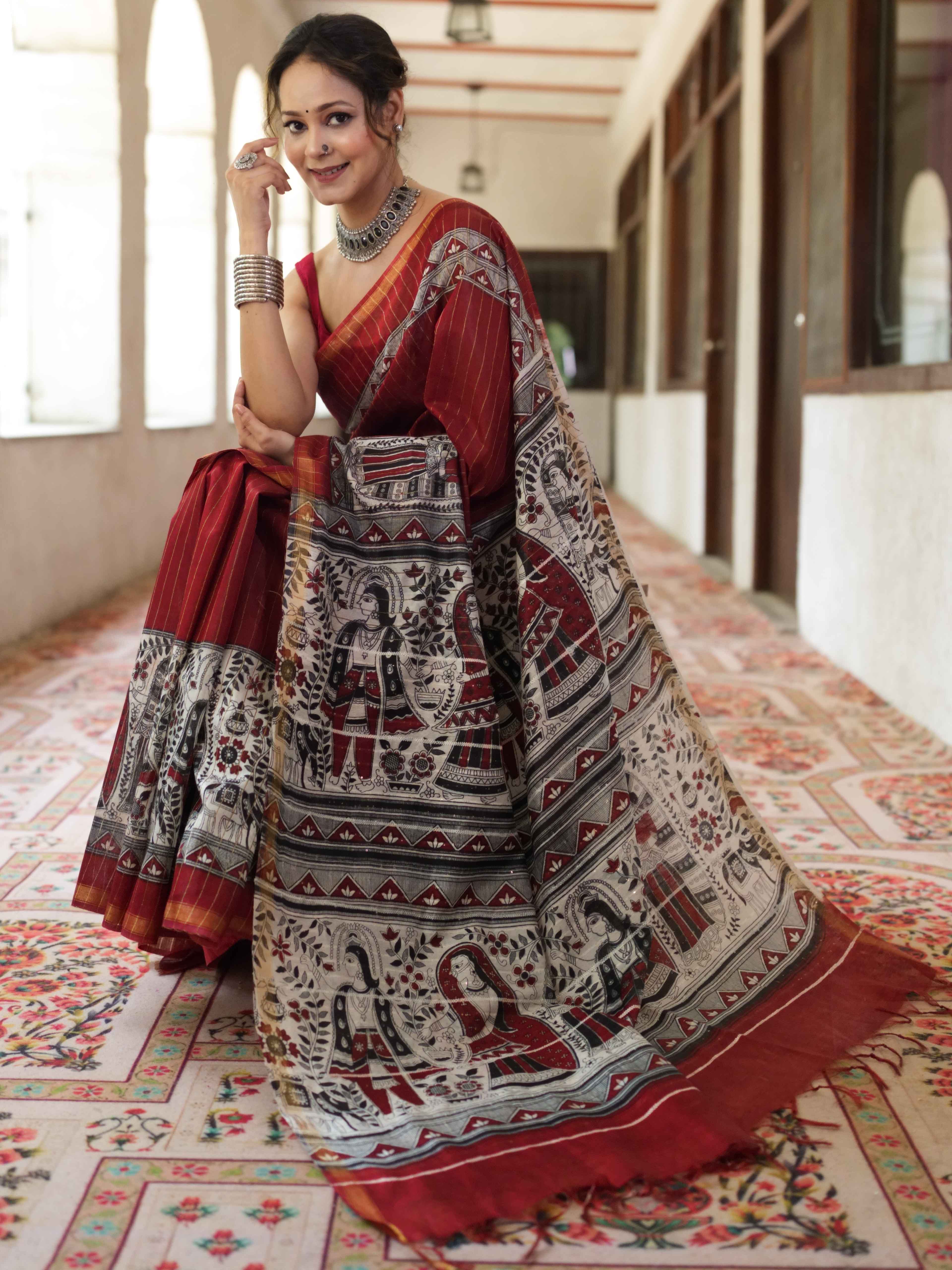 Bhagalpur Cotton Silk Ghichha Work Saree With Madhubani Print-Maroon & White