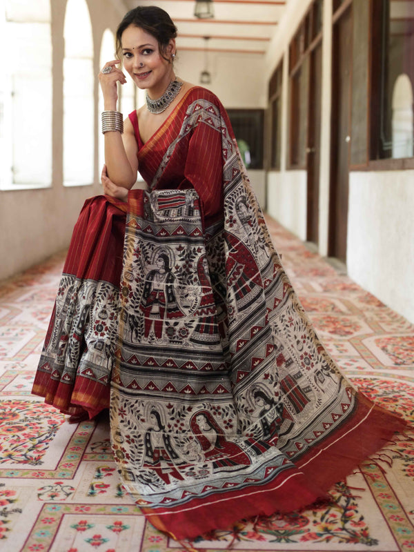 Bhagalpur Cotton Silk Ghichha Work Saree With Madhubani Print-Maroon & White