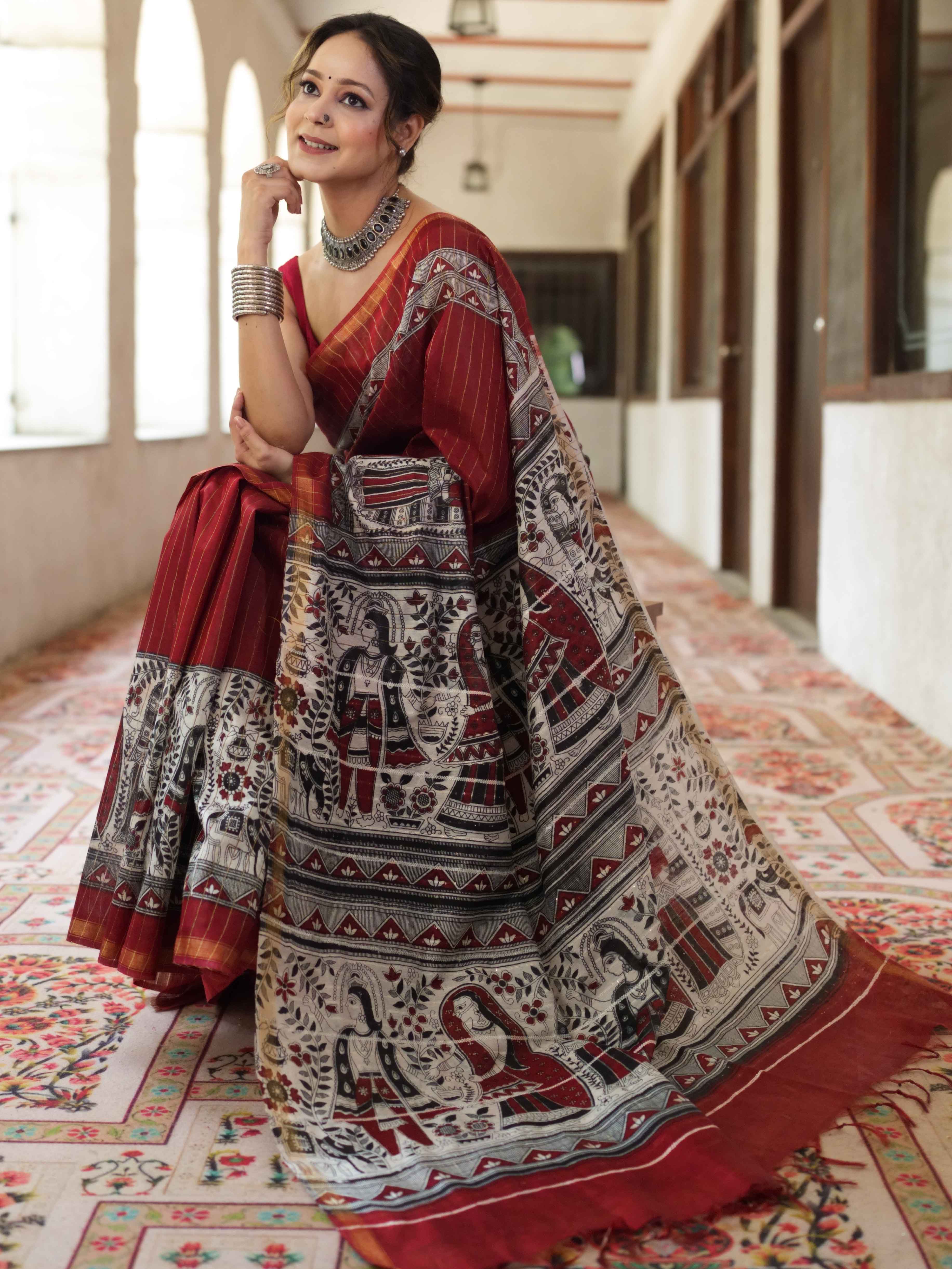 Bhagalpur Cotton Silk Ghichha Work Saree With Madhubani Print-Maroon & White