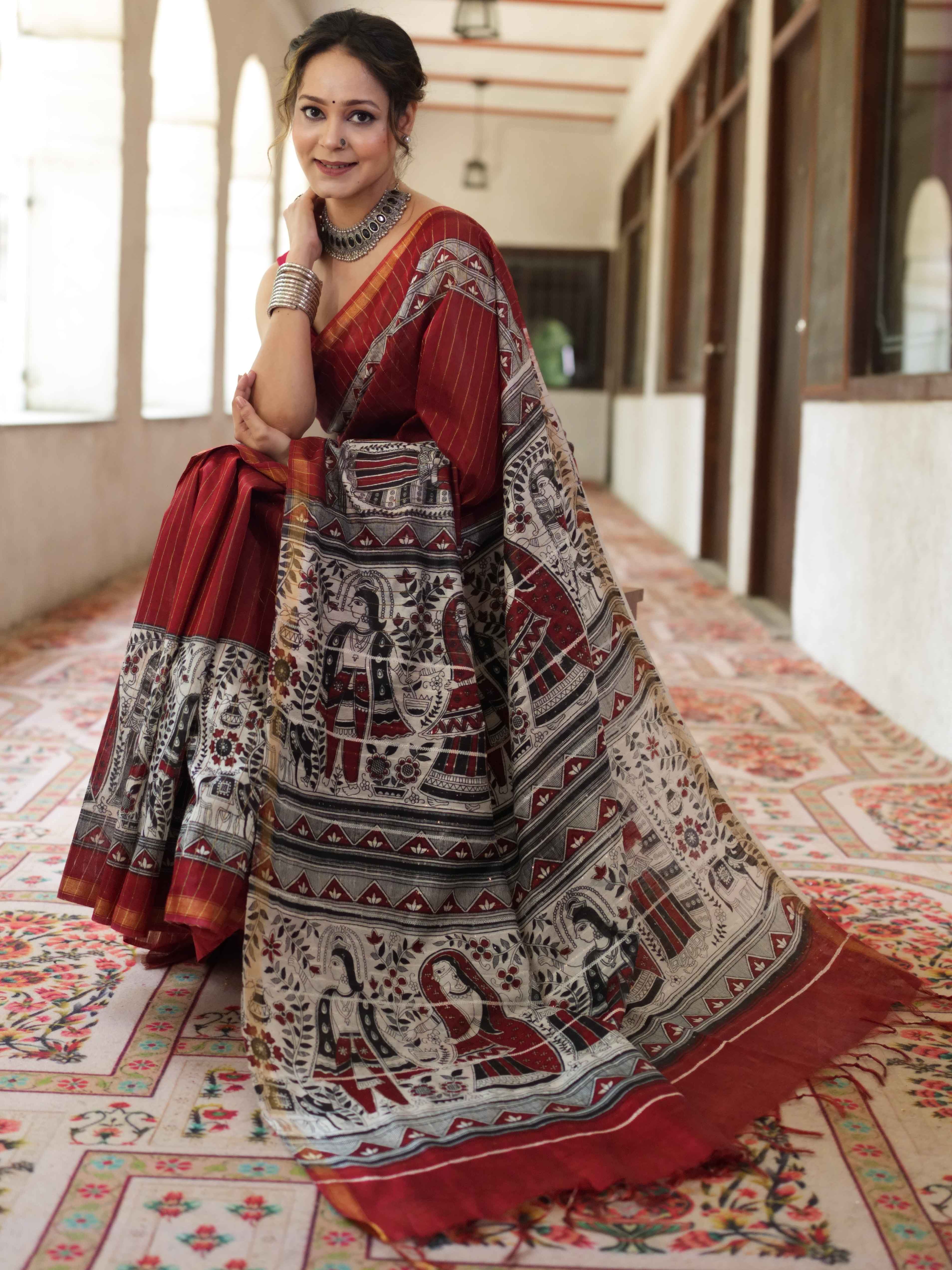 Bhagalpur Cotton Silk Ghichha Work Saree With Madhubani Print-Maroon & White