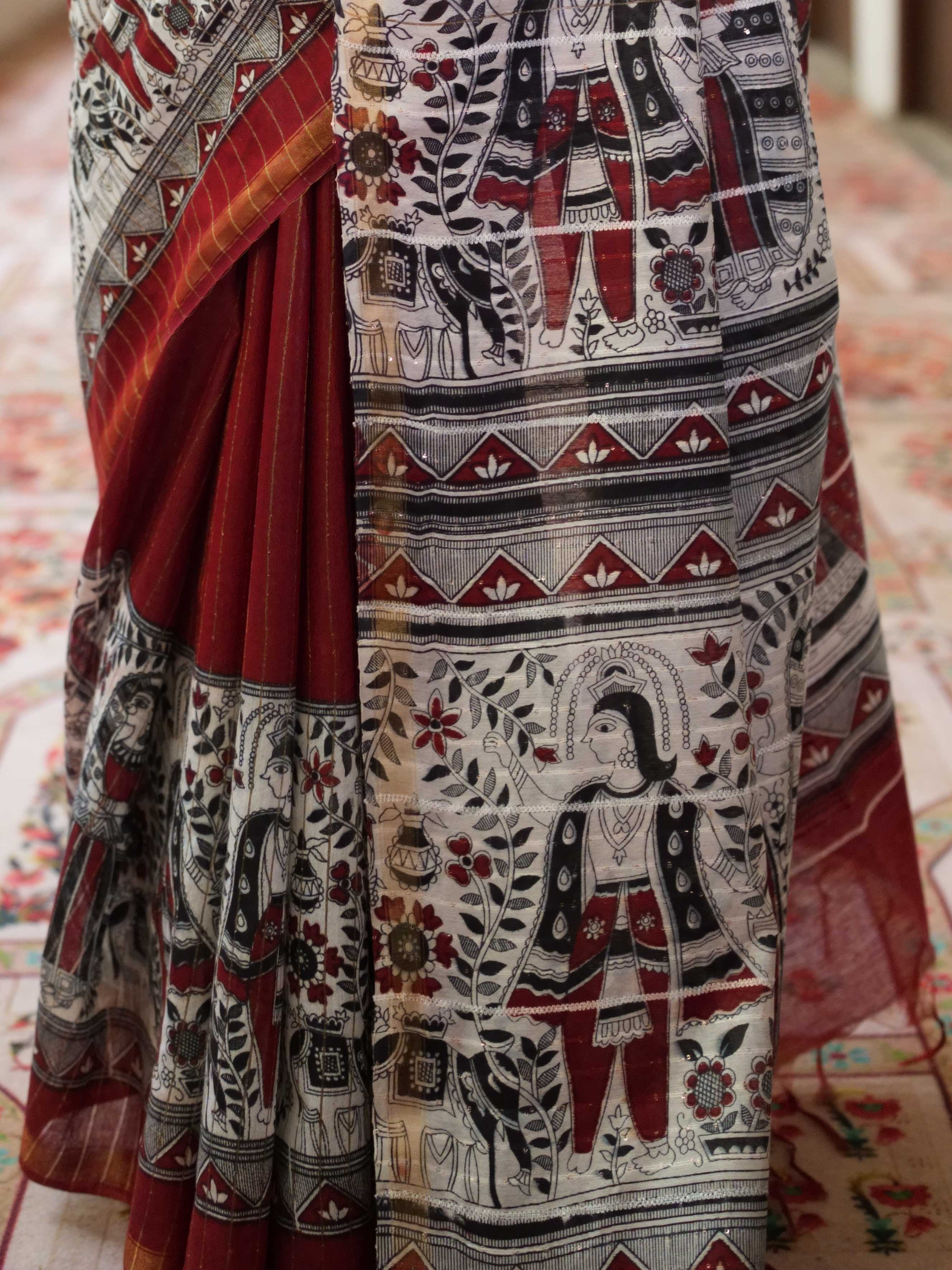 Bhagalpur Cotton Silk Ghichha Work Saree With Madhubani Print-Maroon & White