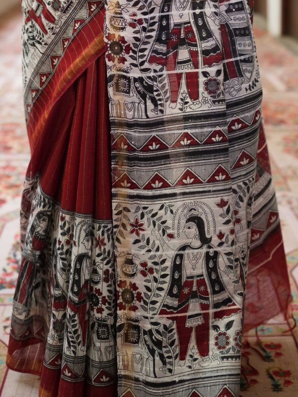 Bhagalpur Cotton Silk Ghichha Work Saree With Madhubani Print-Maroon & White
