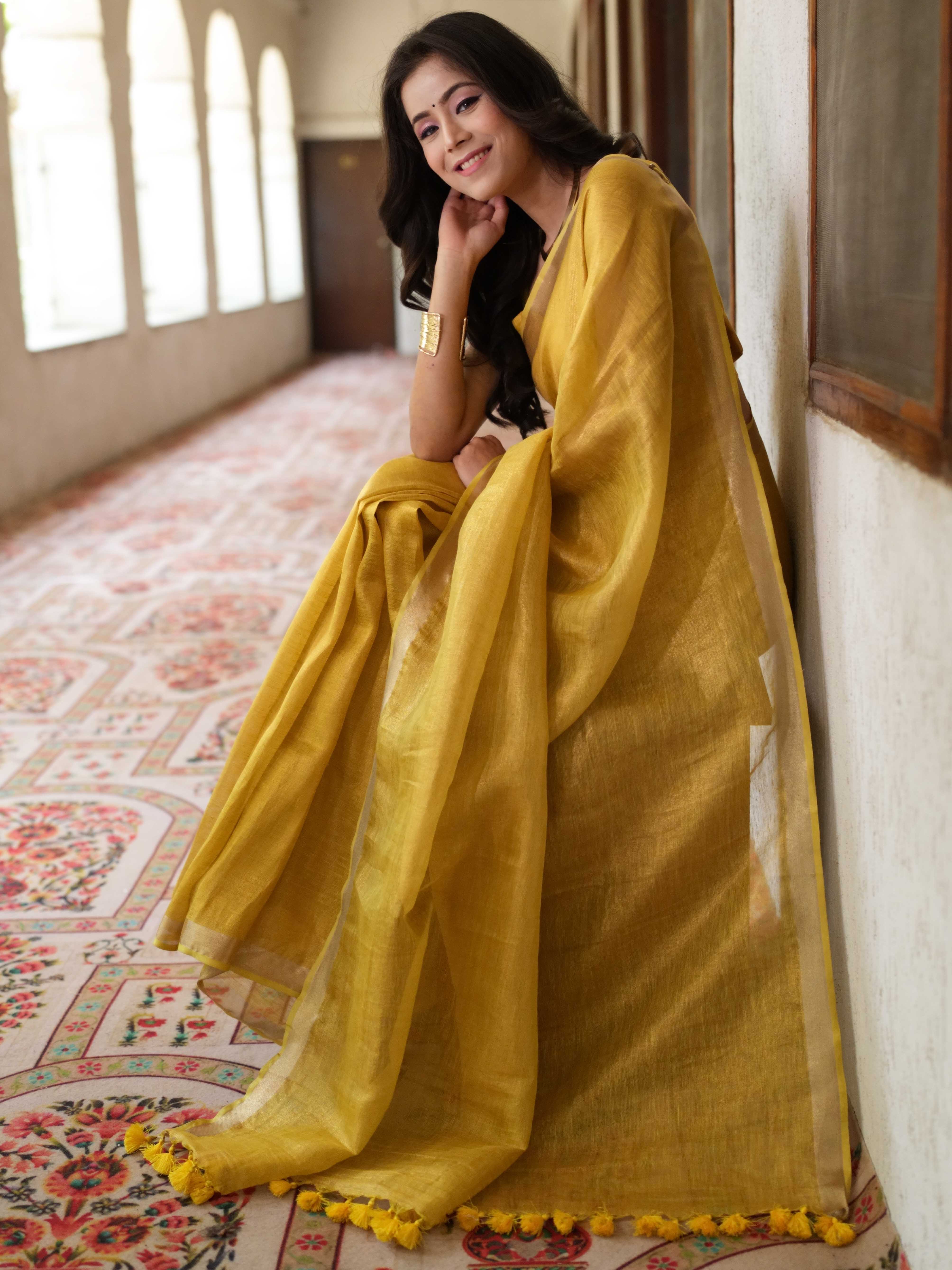 Banarasee Handloom Linen By Tissue Metallic Shine Saree-Golden Yellow