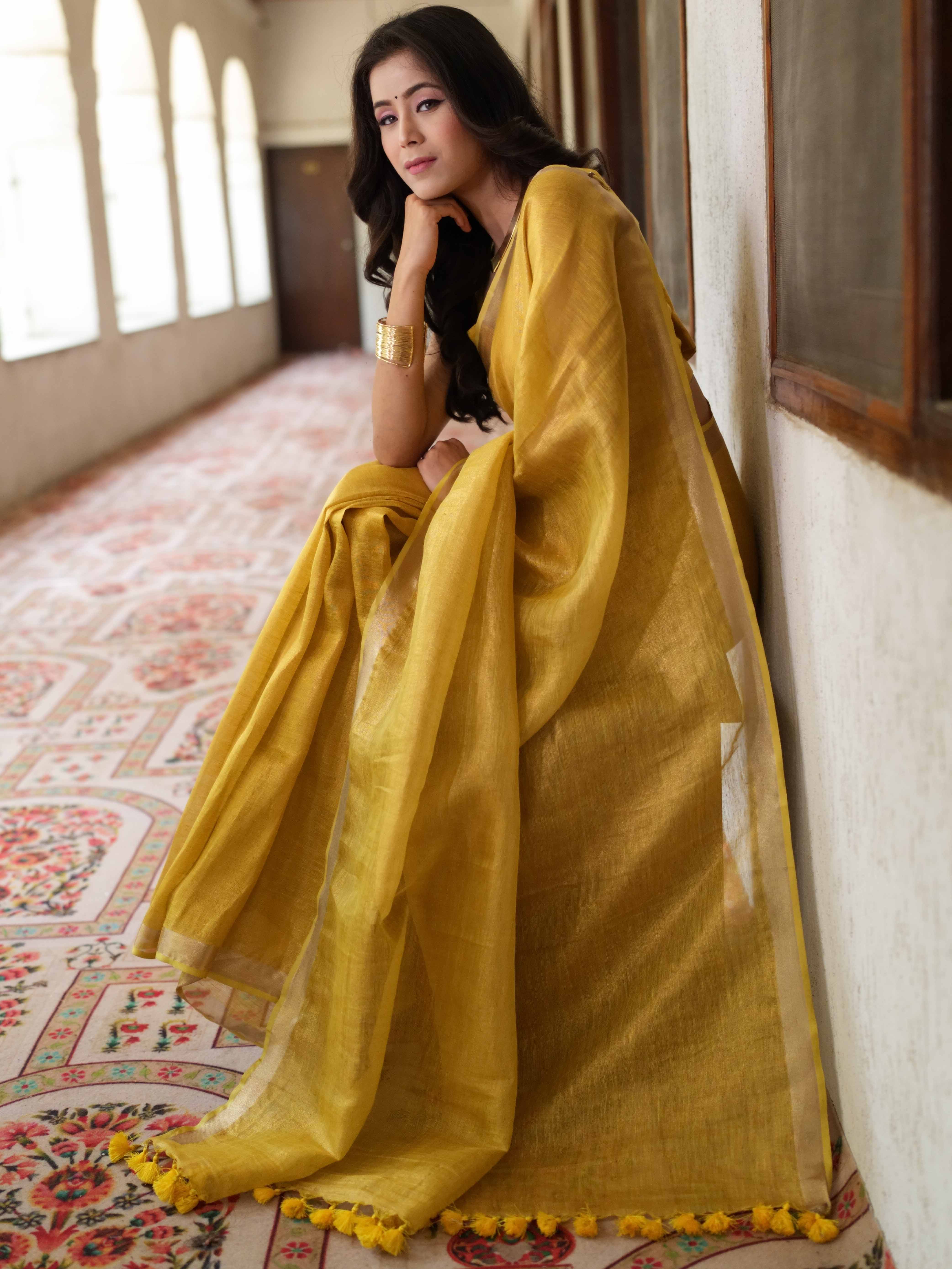 Banarasee Handloom Linen By Tissue Metallic Shine Saree-Golden Yellow