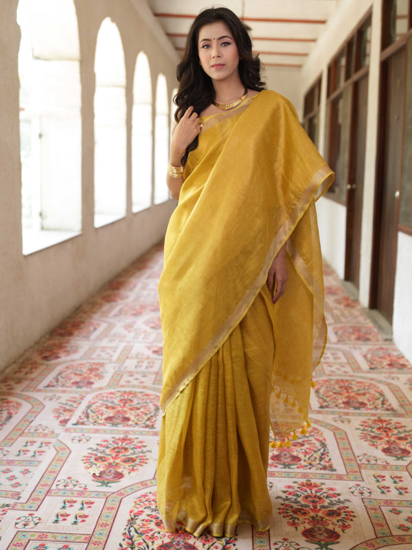 Banarasee Handloom Linen By Tissue Metallic Shine Saree-Golden Yellow