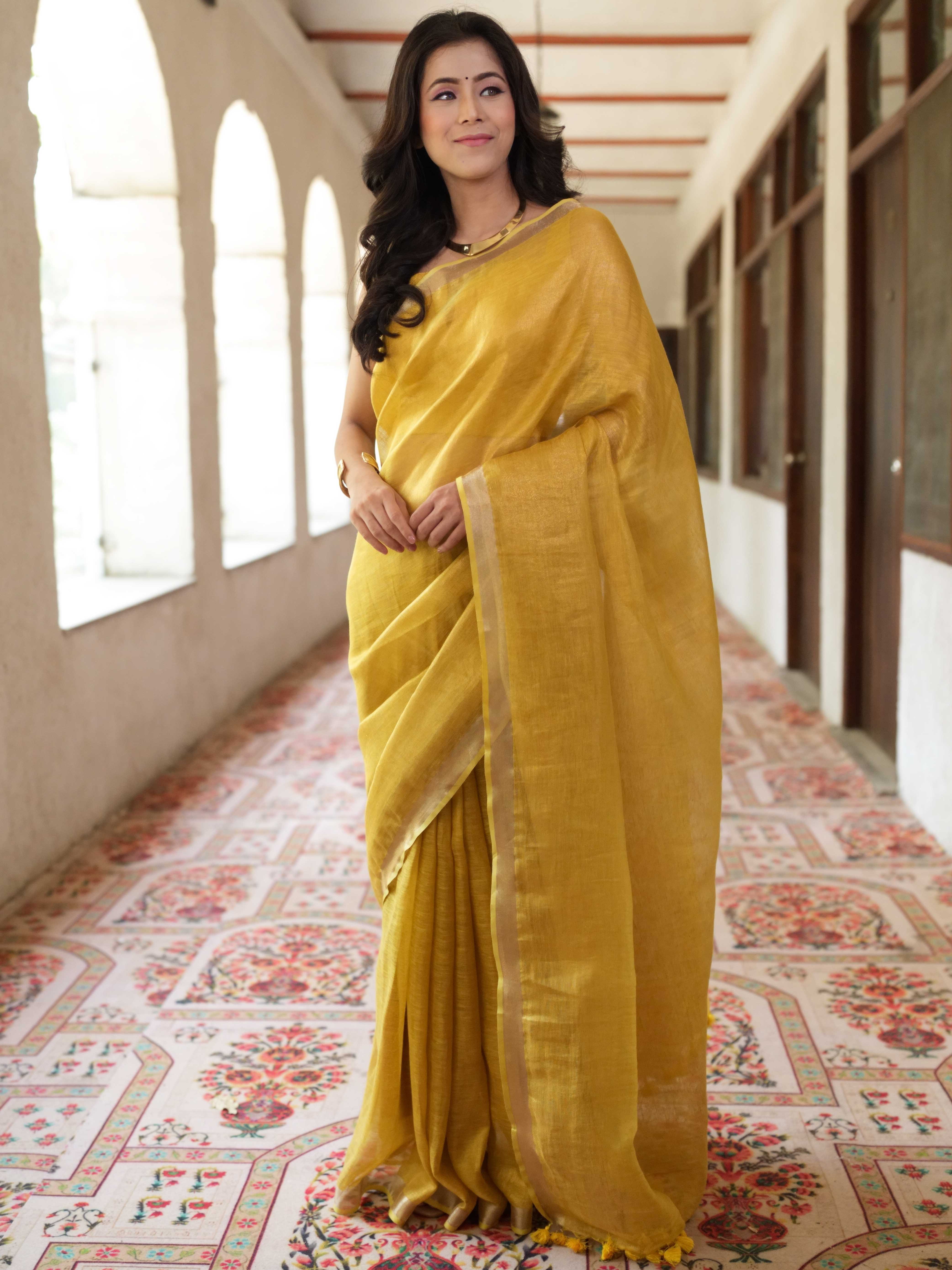 Banarasee Handloom Linen By Tissue Metallic Shine Saree-Golden Yellow