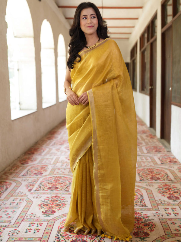 Banarasee Handloom Linen By Tissue Metallic Shine Saree-Golden Yellow