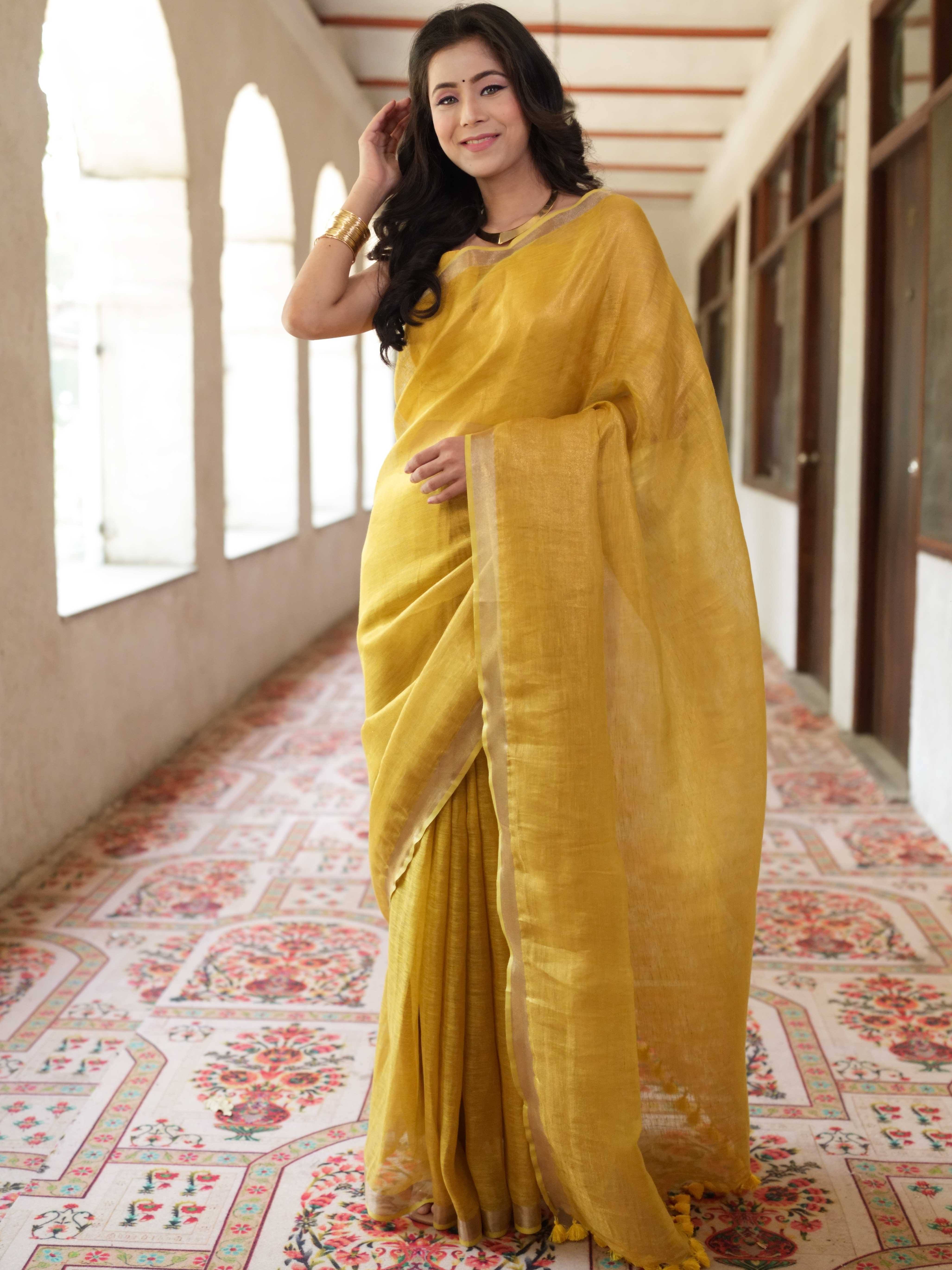 Banarasee Handloom Linen By Tissue Metallic Shine Saree-Golden Yellow