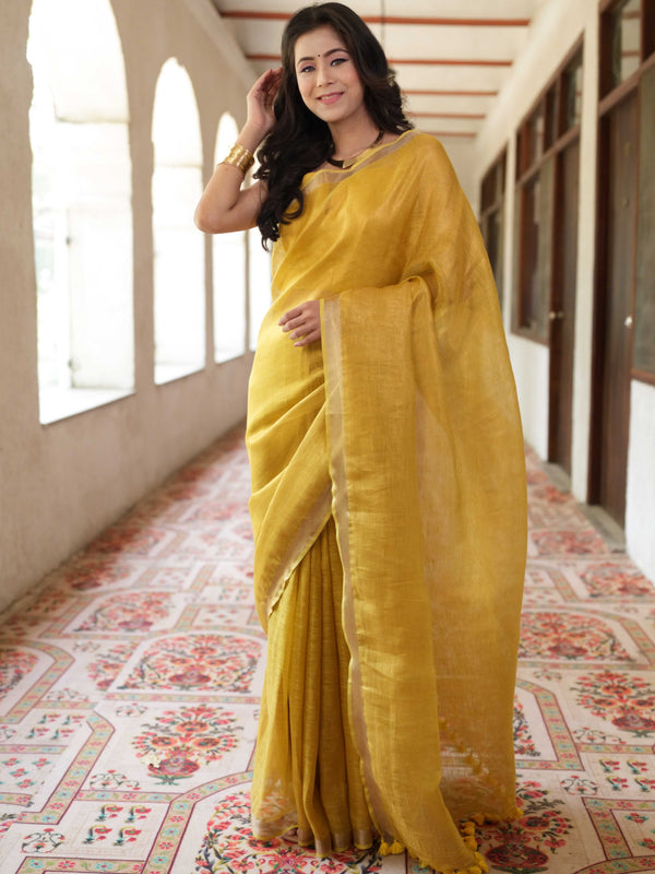 Banarasee Handloom Linen By Tissue Metallic Shine Saree-Golden Yellow