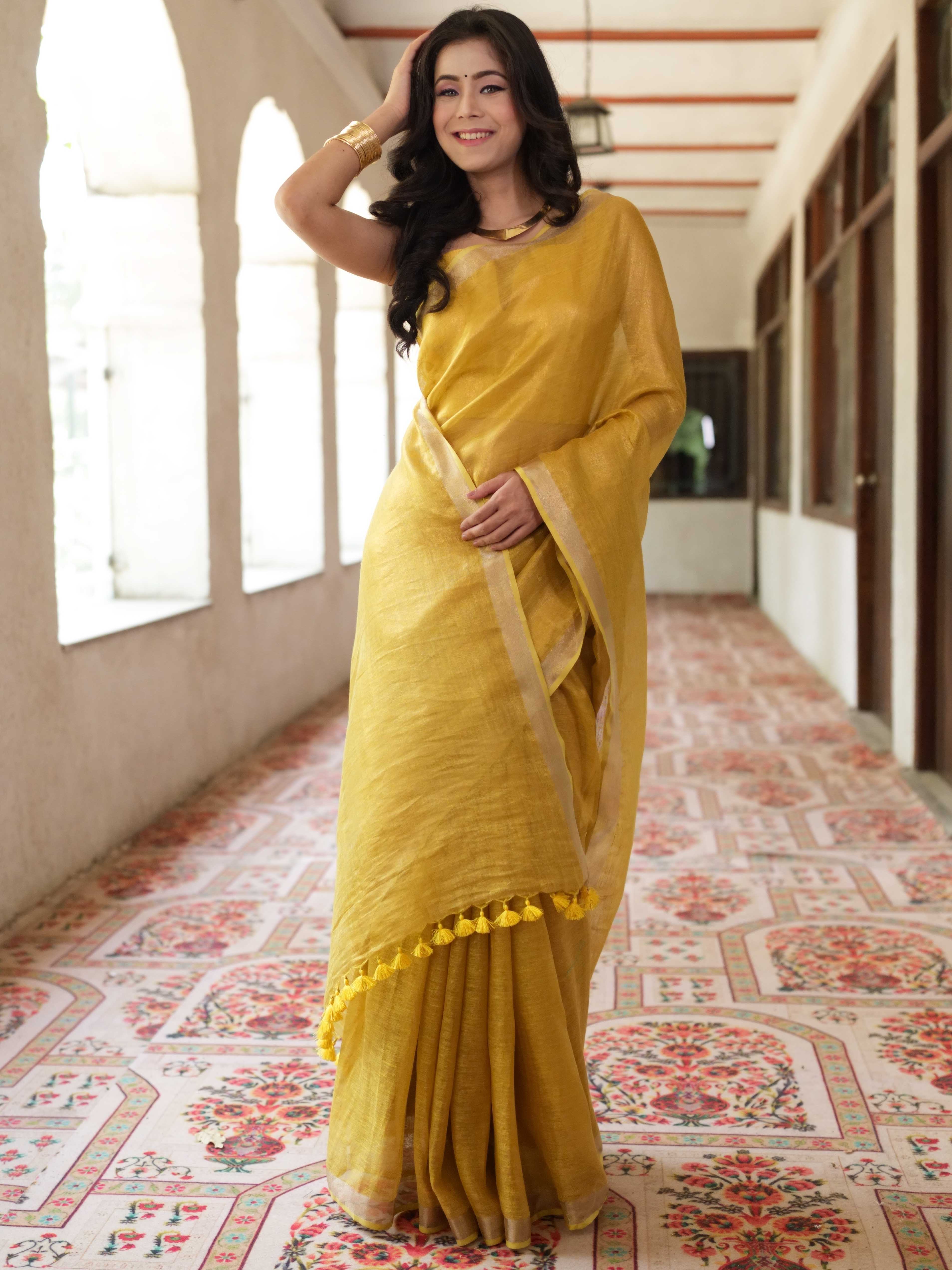 Banarasee Handloom Linen By Tissue Metallic Shine Saree-Golden Yellow
