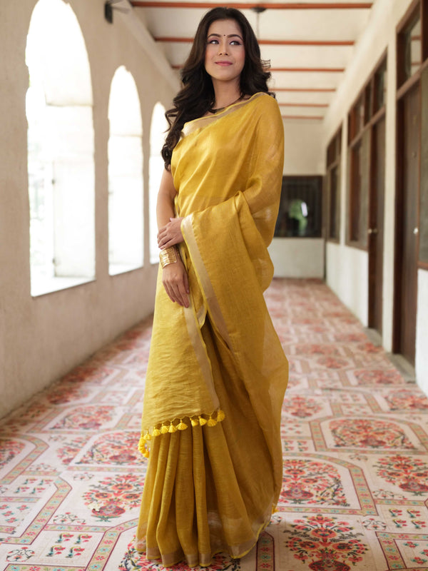 Banarasee Handloom Linen By Tissue Metallic Shine Saree-Golden Yellow