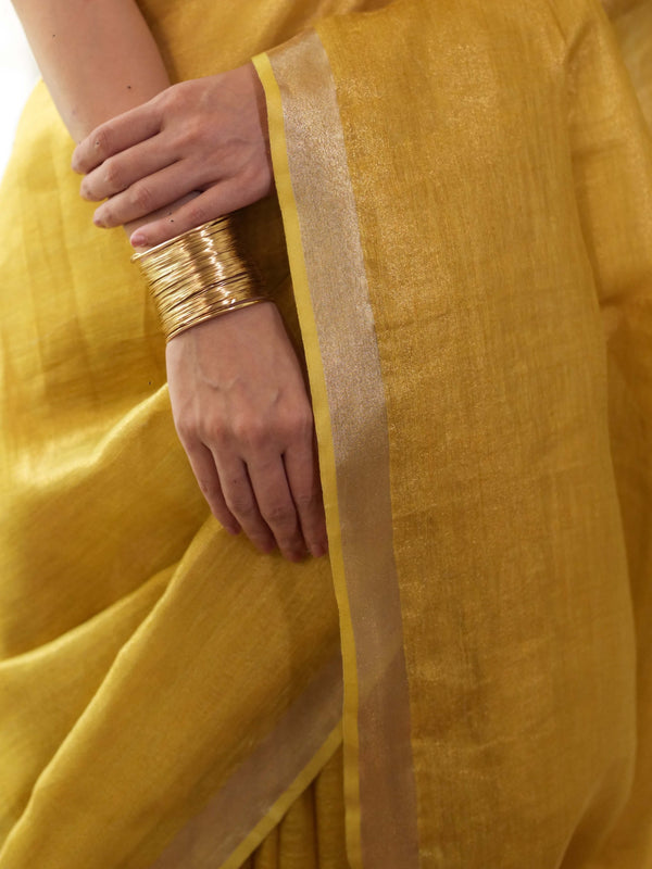 Banarasee Handloom Linen By Tissue Metallic Shine Saree-Golden Yellow