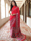 Banarasee Handwoven Satin Block Printed Saree-Red