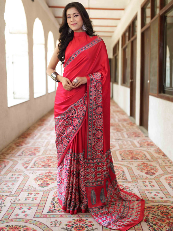 Banarasee Handwoven Satin Block Printed Saree-Red