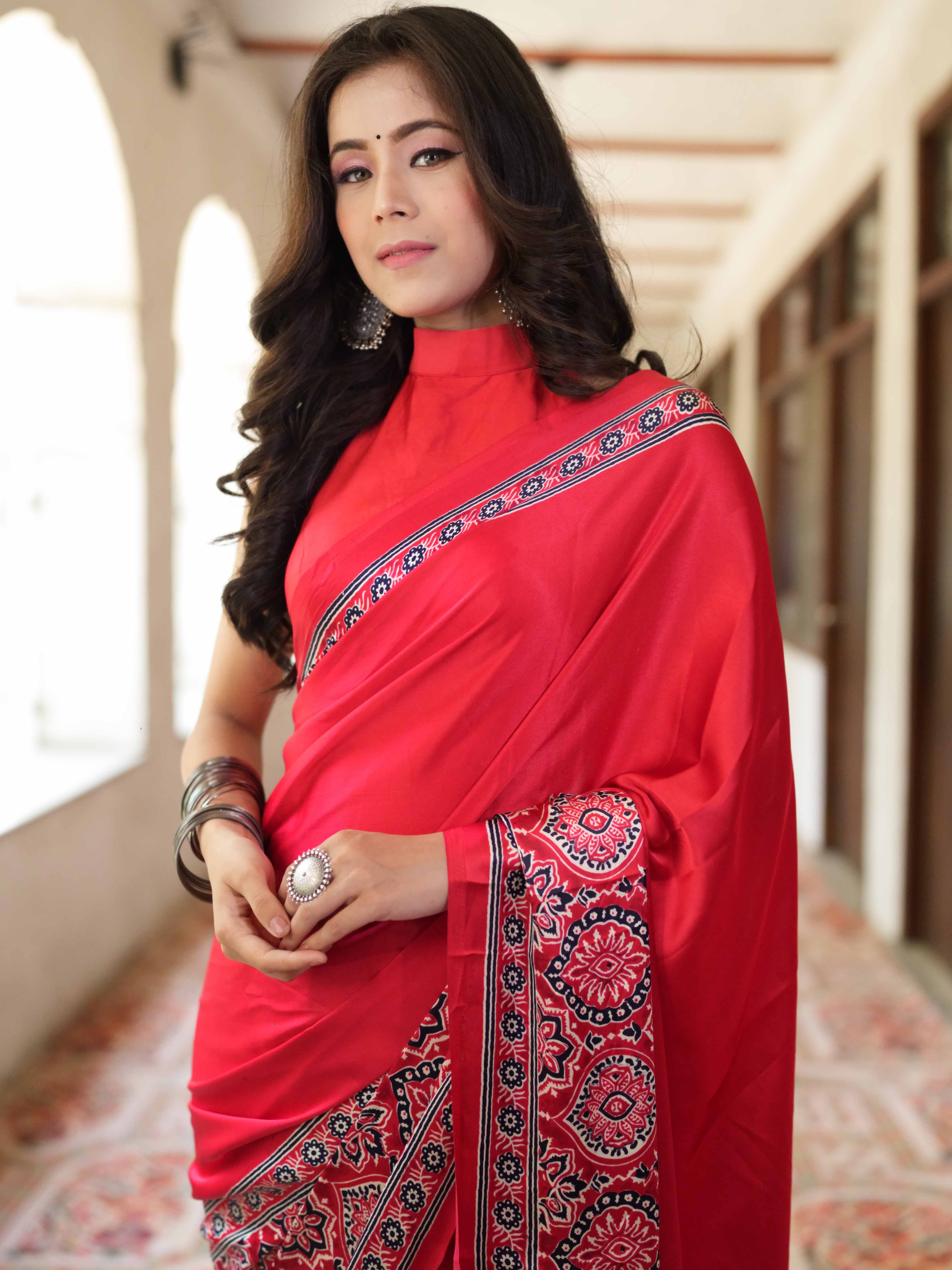 Banarasee Handwoven Satin Block Printed Saree-Red