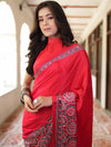 Banarasee Handwoven Satin Block Printed Saree-Red