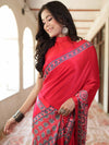 Banarasee Handwoven Satin Block Printed Saree-Red
