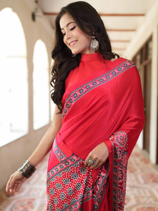 Banarasee Handwoven Satin Block Printed Saree-Red