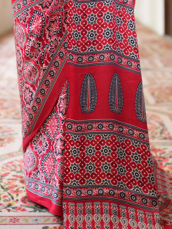 Banarasee Handwoven Satin Block Printed Saree-Red