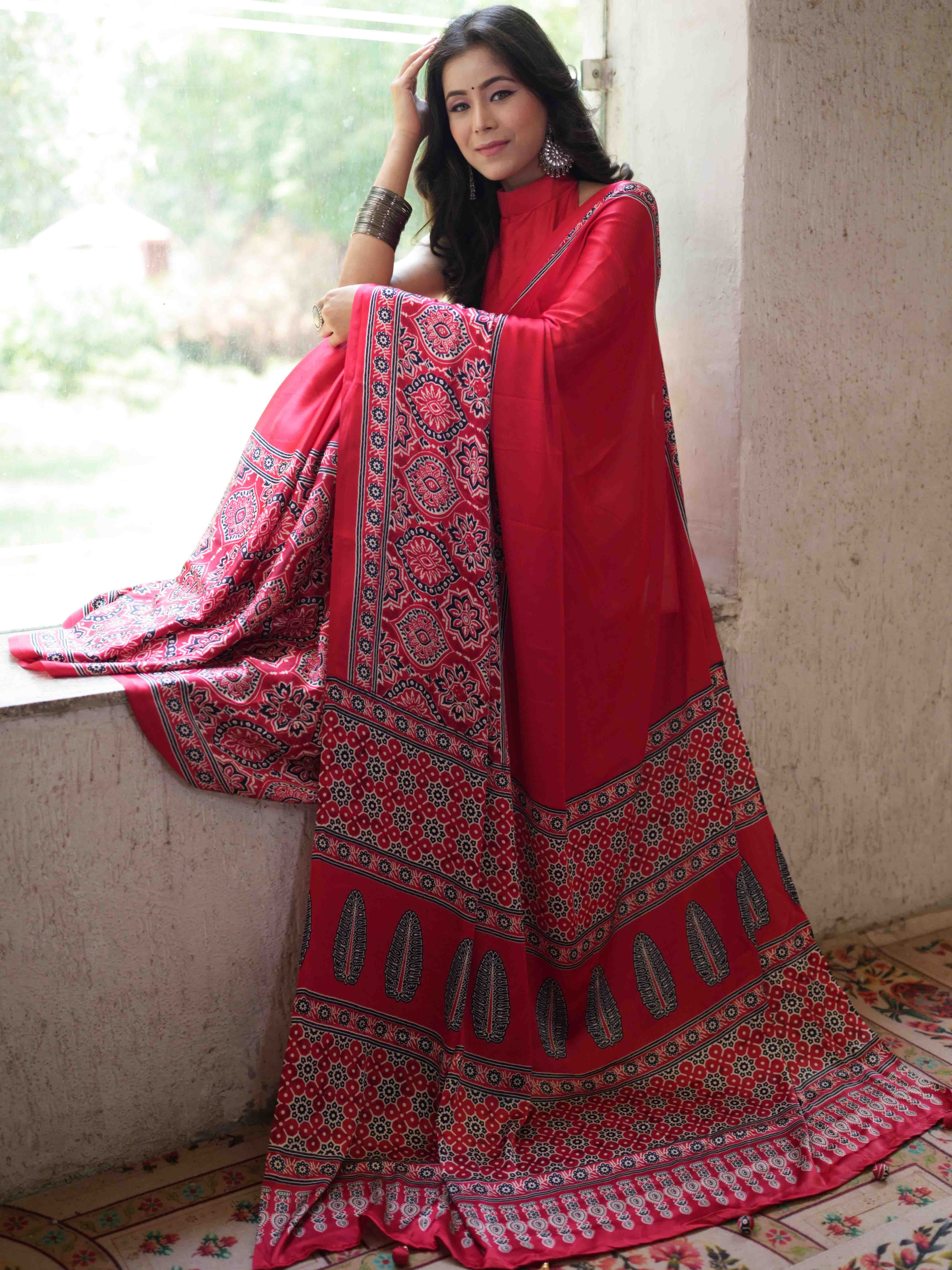 Banarasee Handwoven Satin Block Printed Saree-Red