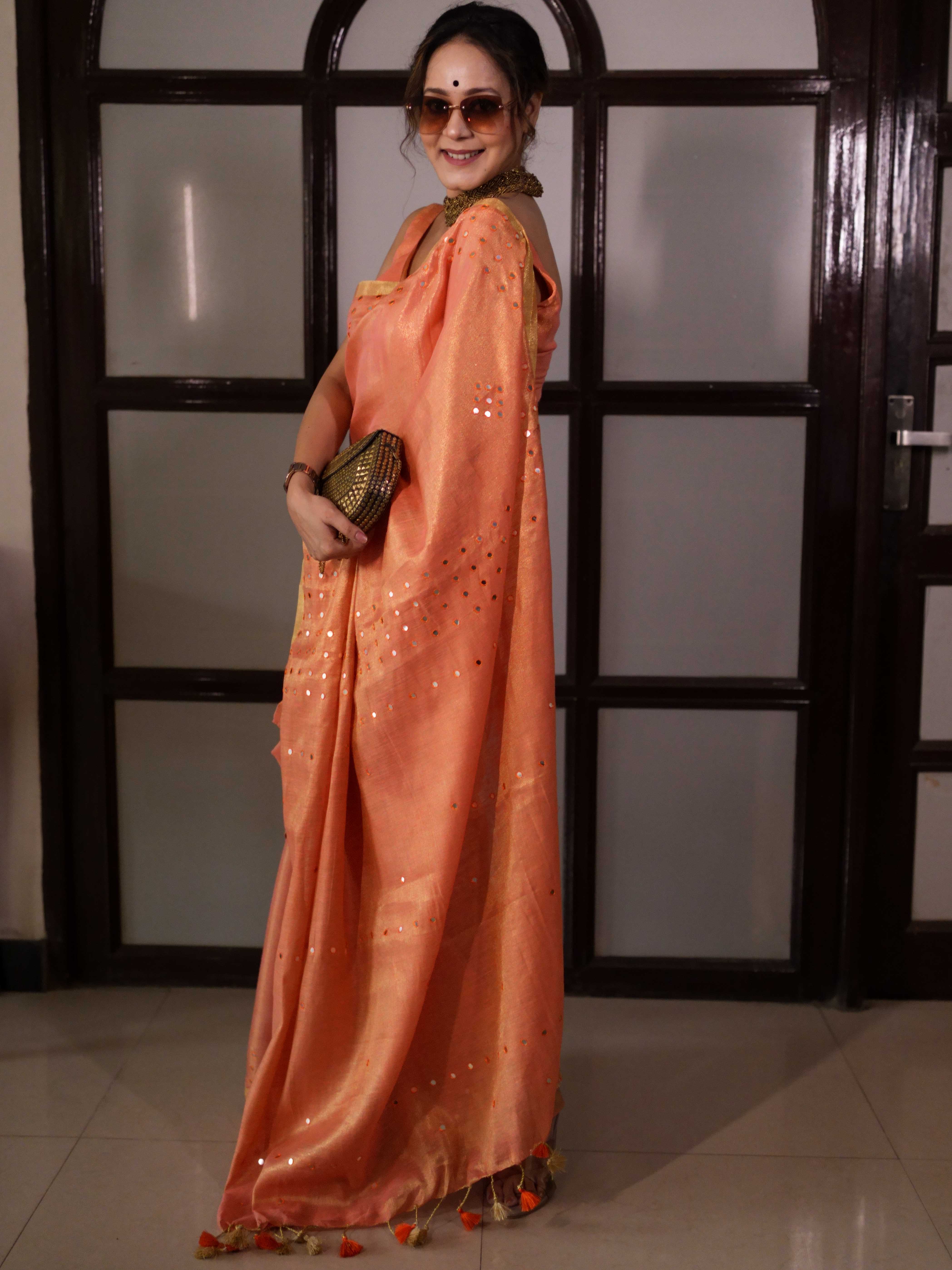 Banarasee Handloom Linen Saree With Mirror Work-Peach