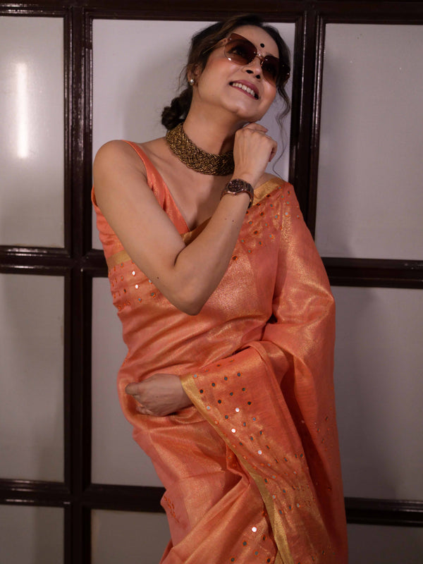 Banarasee Handloom Linen Saree With Mirror Work-Peach