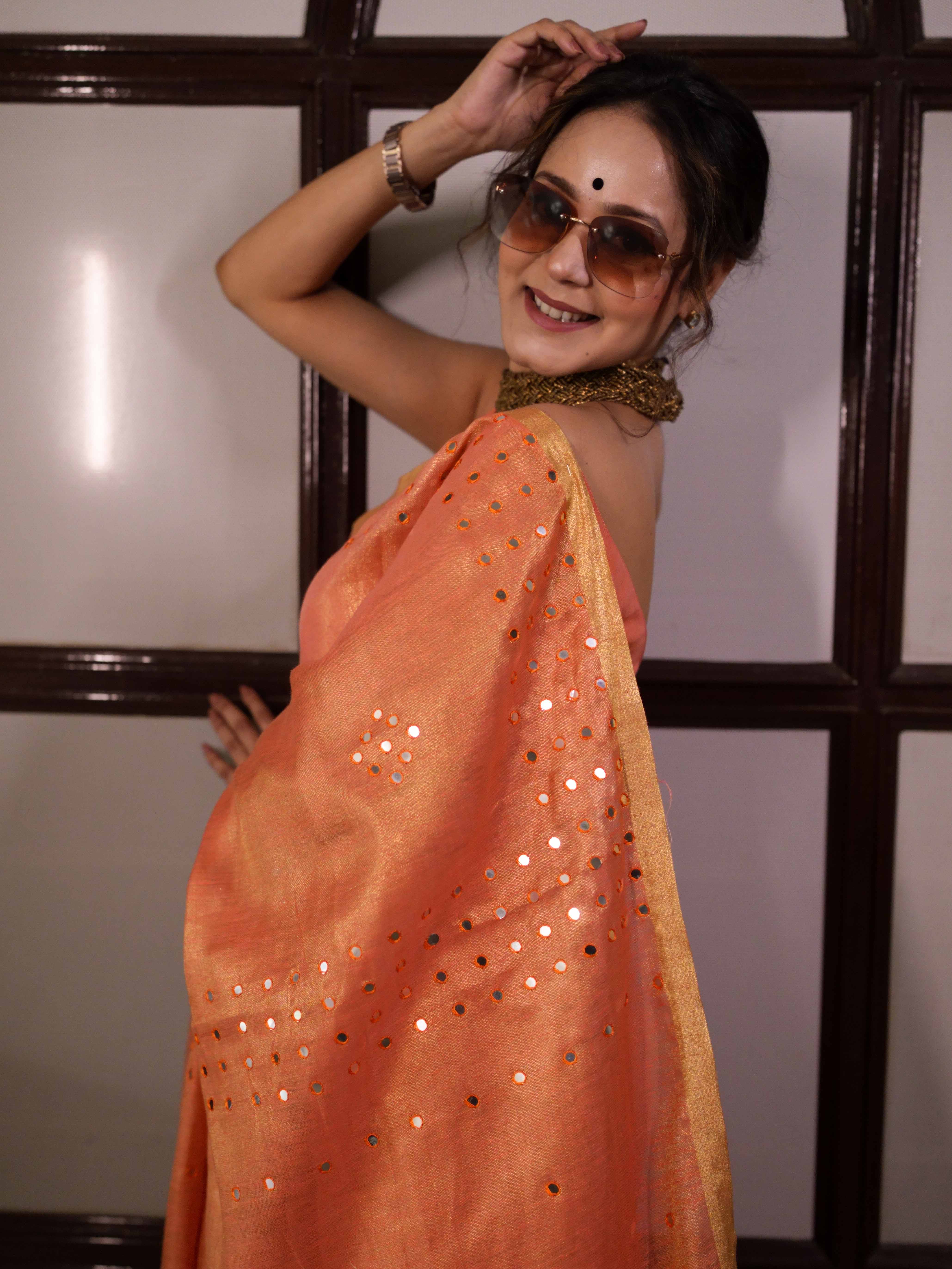 Banarasee Handloom Linen Saree With Mirror Work-Peach