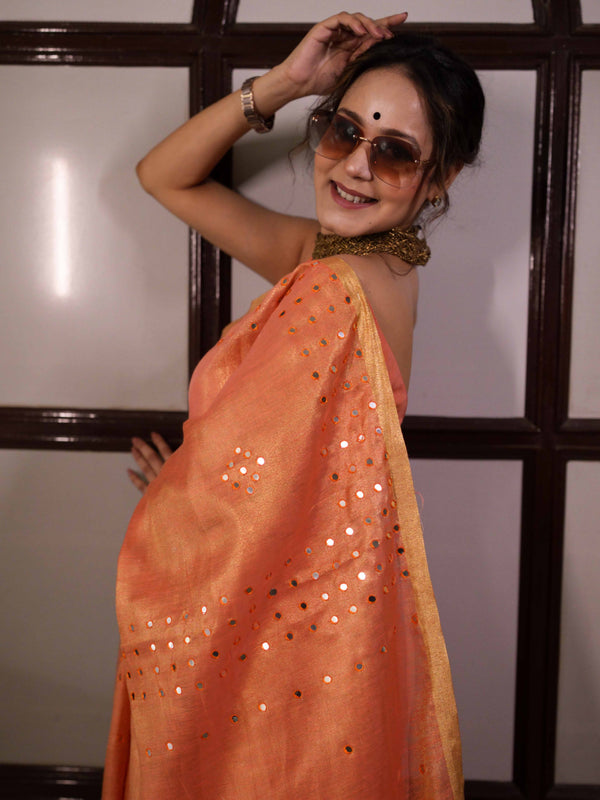 Banarasee Handloom Linen Saree With Mirror Work-Peach
