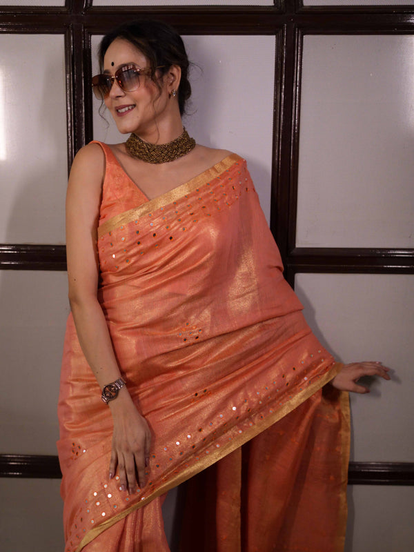 Banarasee Handloom Linen Saree With Mirror Work-Peach