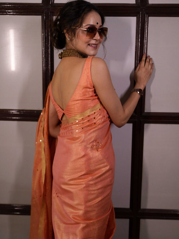 Banarasee Handloom Linen Saree With Mirror Work-Peach