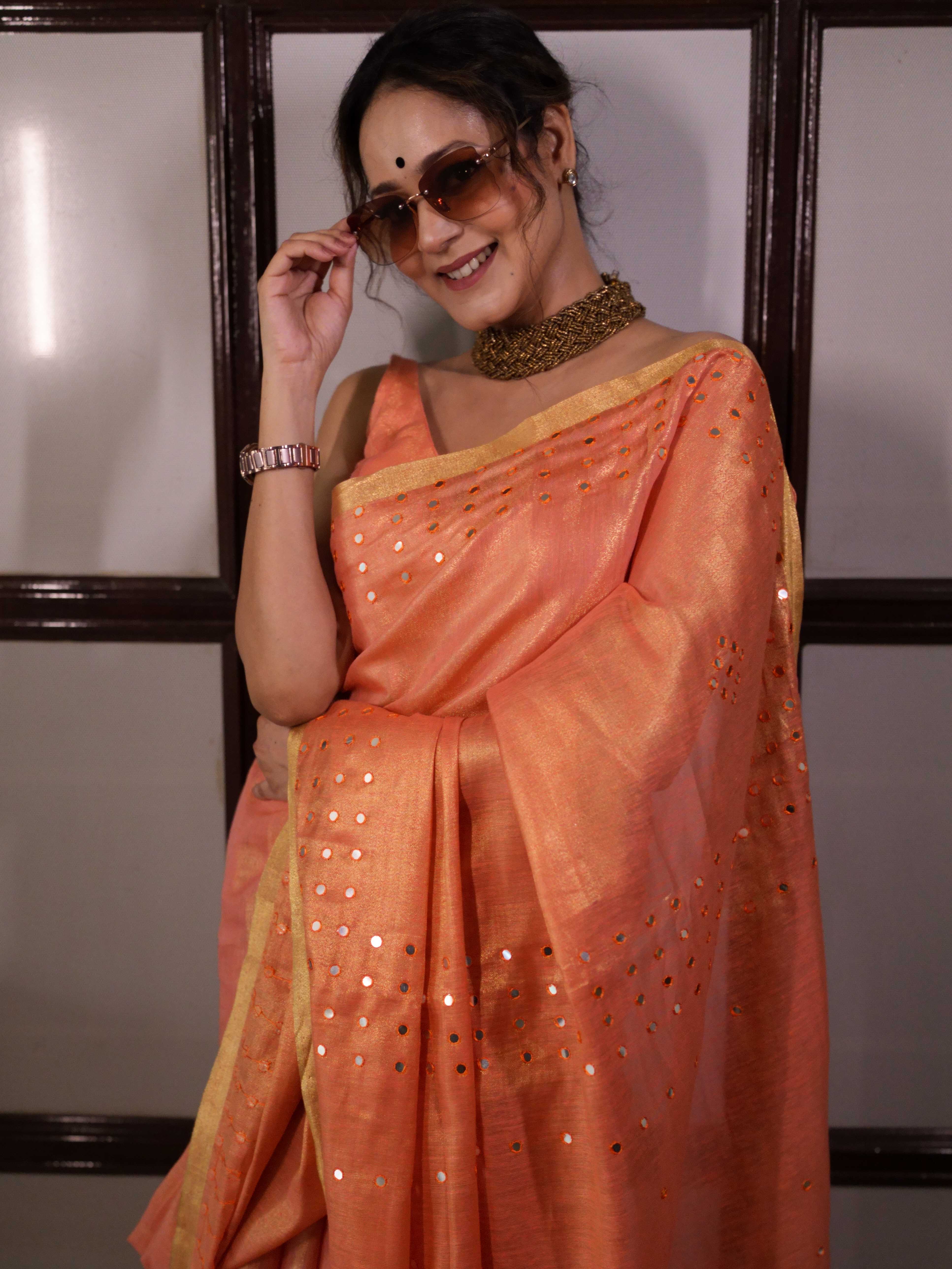 Banarasee Handloom Linen Saree With Mirror Work-Peach