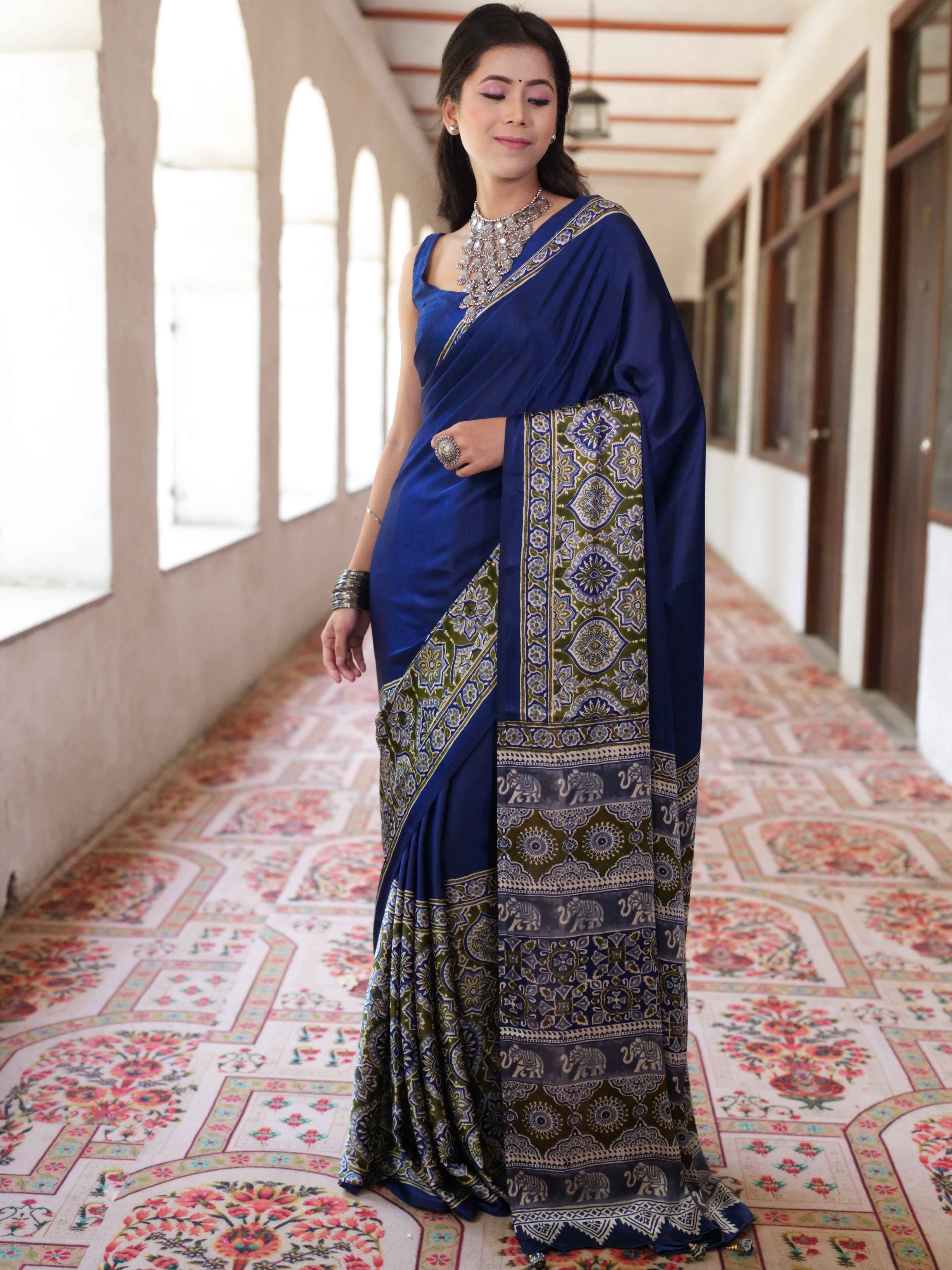 Banarasee Handwoven Satin Block Printed Saree-Blue