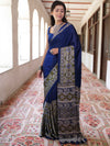 Banarasee Handwoven Satin Block Printed Saree-Blue
