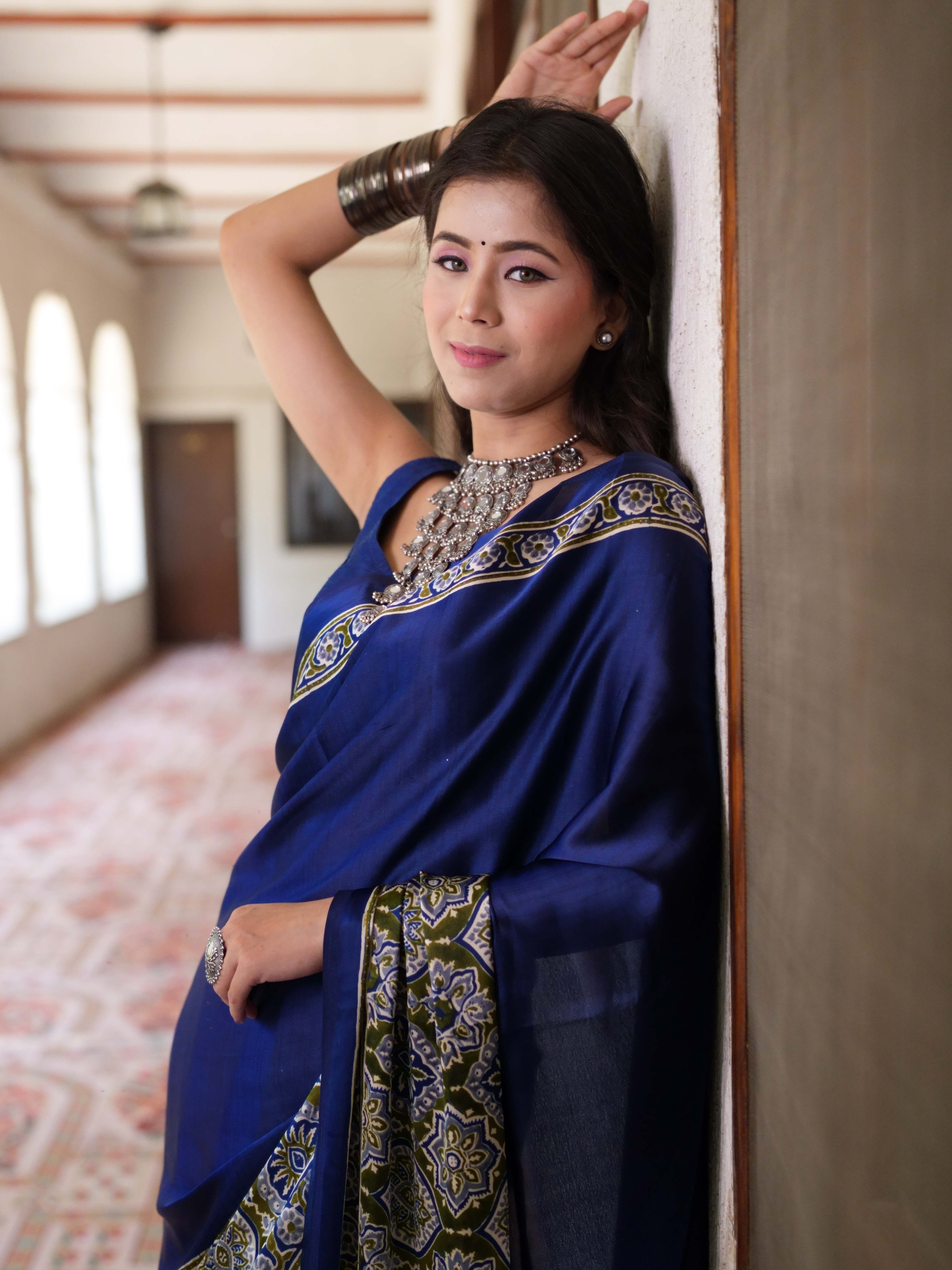 Banarasee Handwoven Satin Block Printed Saree-Blue