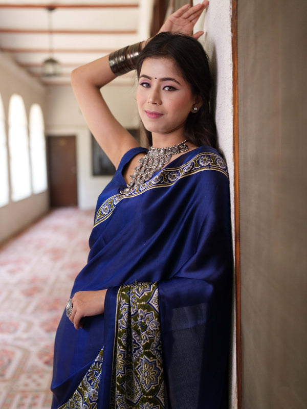 Banarasee Handwoven Satin Block Printed Saree-Blue
