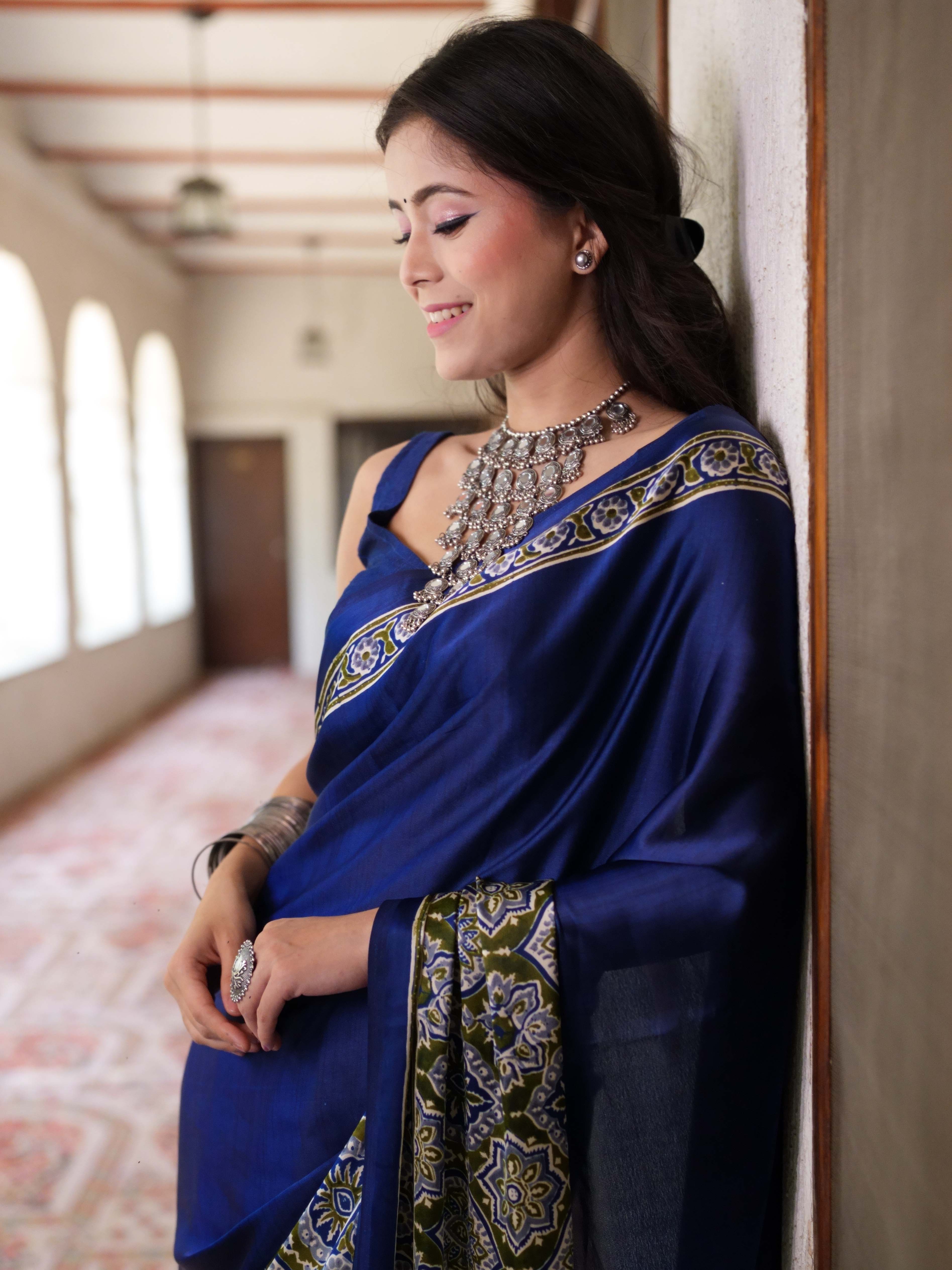 Banarasee Handwoven Satin Block Printed Saree-Blue