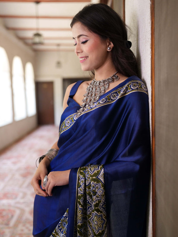 Banarasee Handwoven Satin Block Printed Saree-Blue