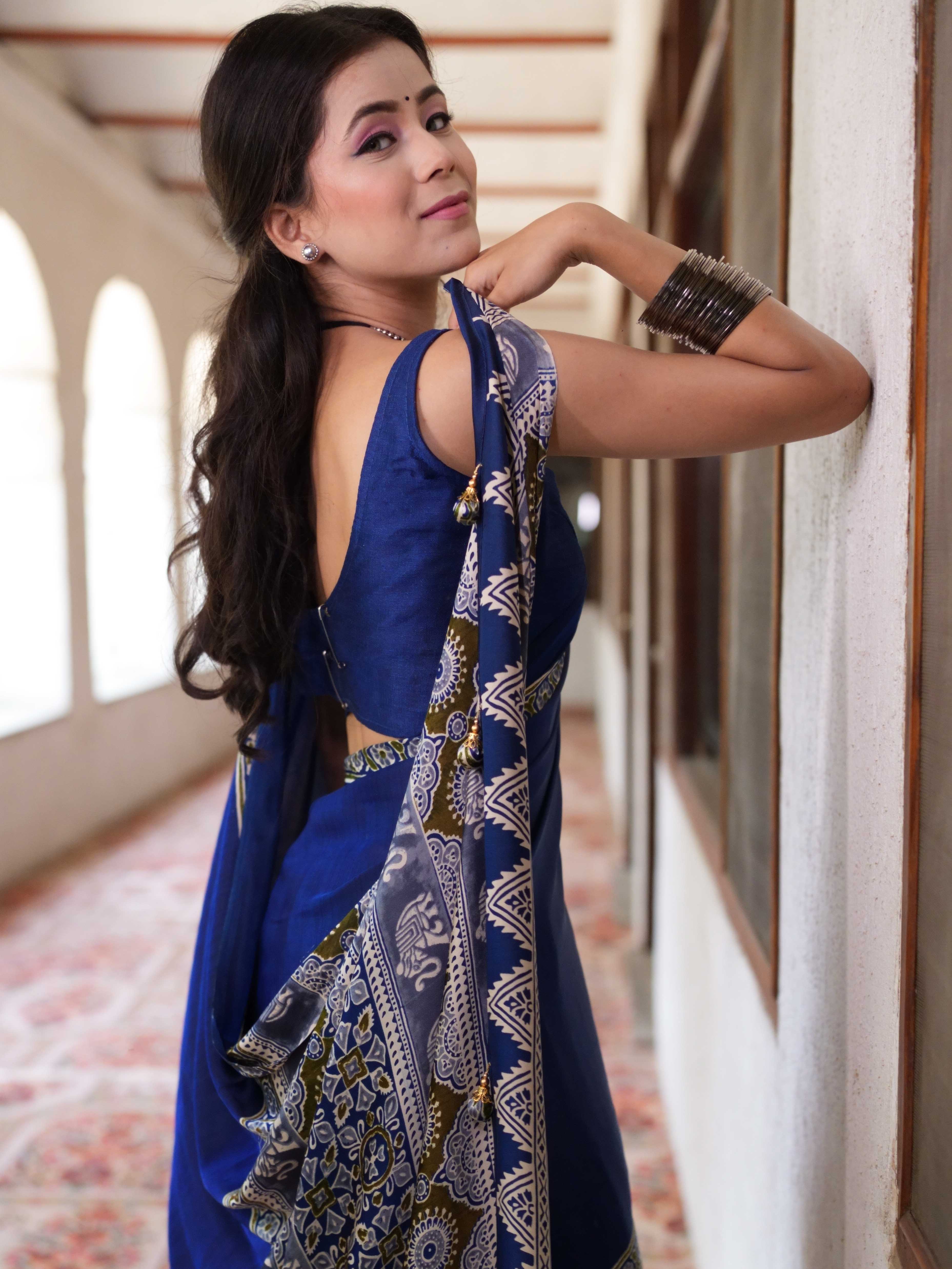 Banarasee Handwoven Satin Block Printed Saree-Blue