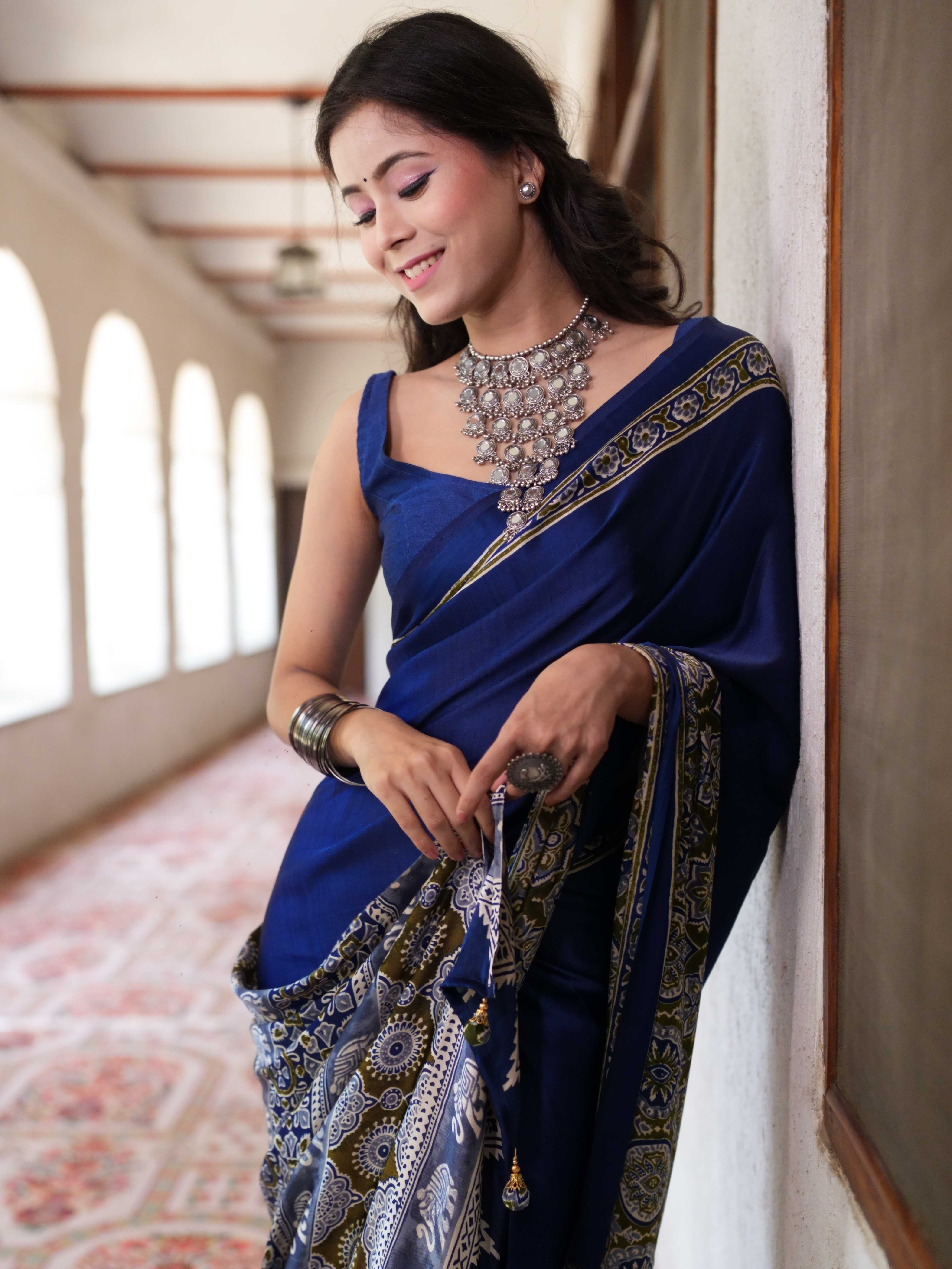 Banarasee Handwoven Satin Block Printed Saree-Blue