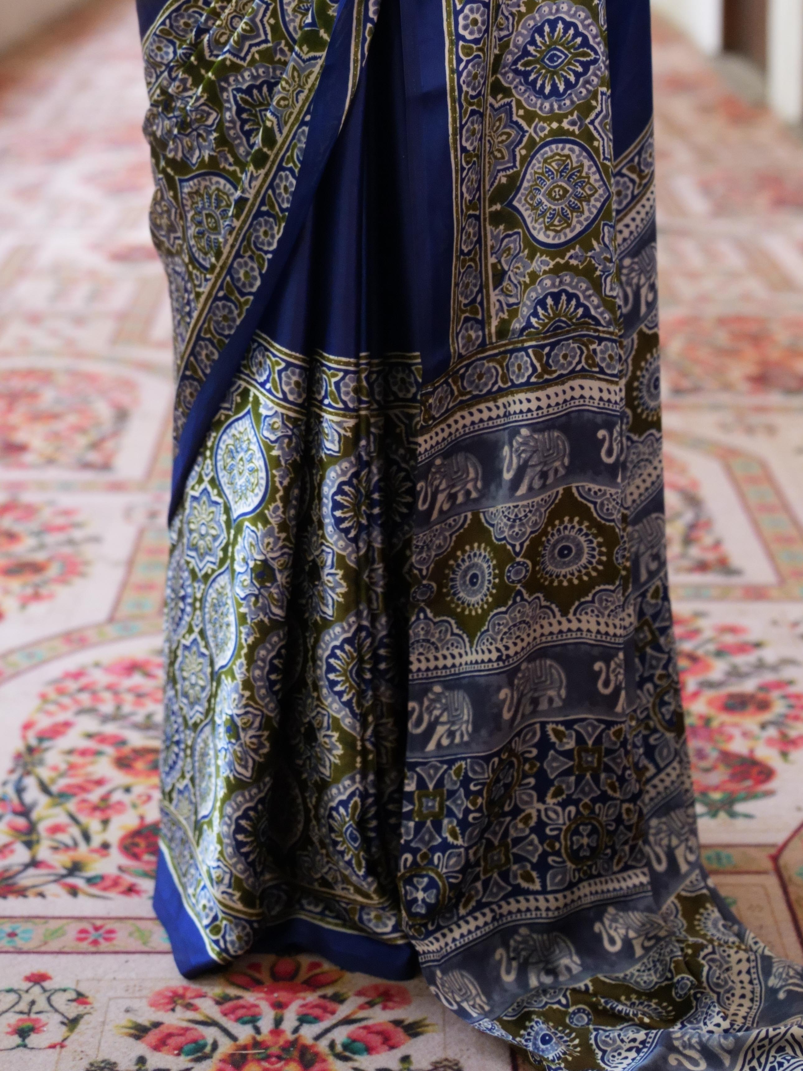 Banarasee Handwoven Satin Block Printed Saree-Blue