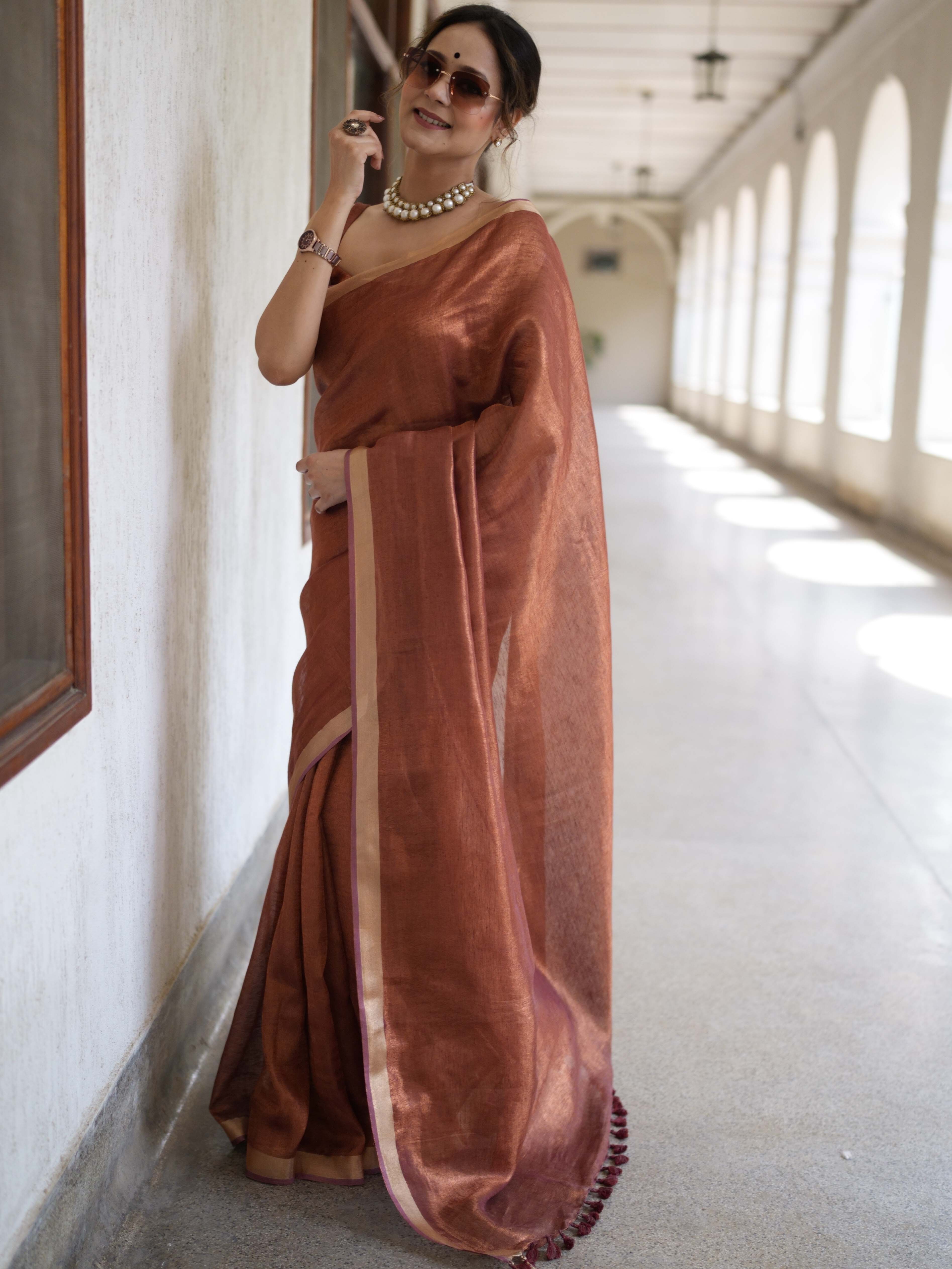 Banarasee Handloom Linen By Tissue Metallic Shine Saree-Brown