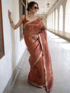 Banarasee Handloom Linen By Tissue Metallic Shine Saree-Brown